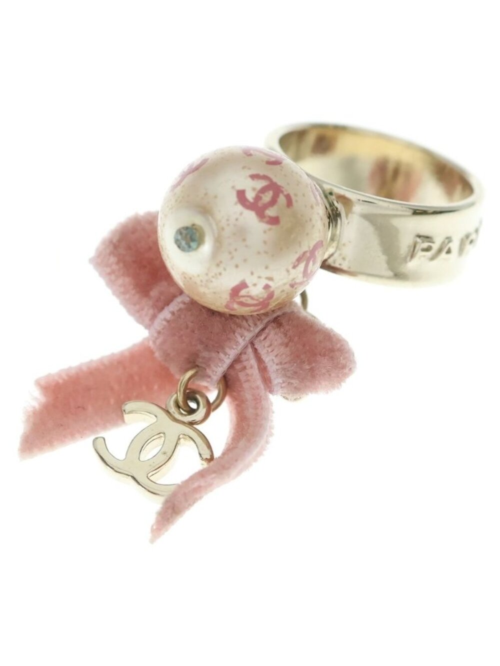 Chanel CC Logo Pearl Ribbon Ring Gold Pink